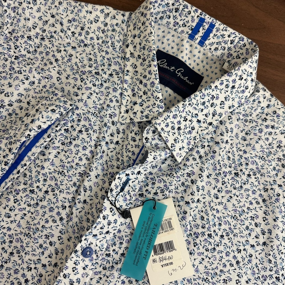Robert Graham Patrick Linen Shirt White Ditsy Floral Tailored Button Up Mens XL